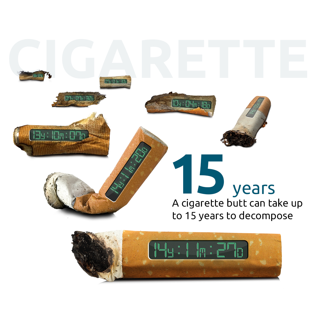 A cigarette butt can take up to 15 years to decompose